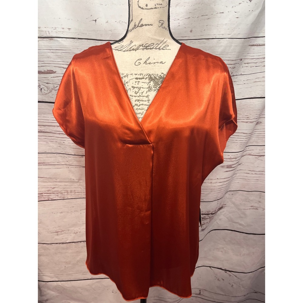 Express Womens Burnt Orange Satin V-Neck Short Sleeve Blouse Top Large NWT